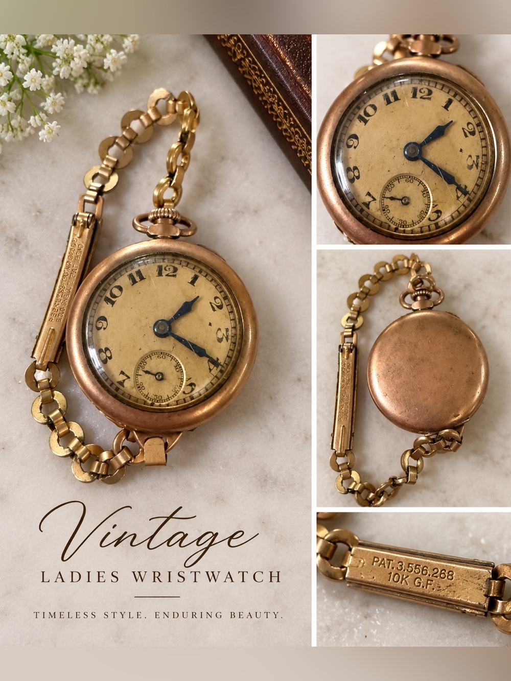 Antique Art Deco Ladies Wristwatch Gold Tone Blue Hands Small Seconds Vintage